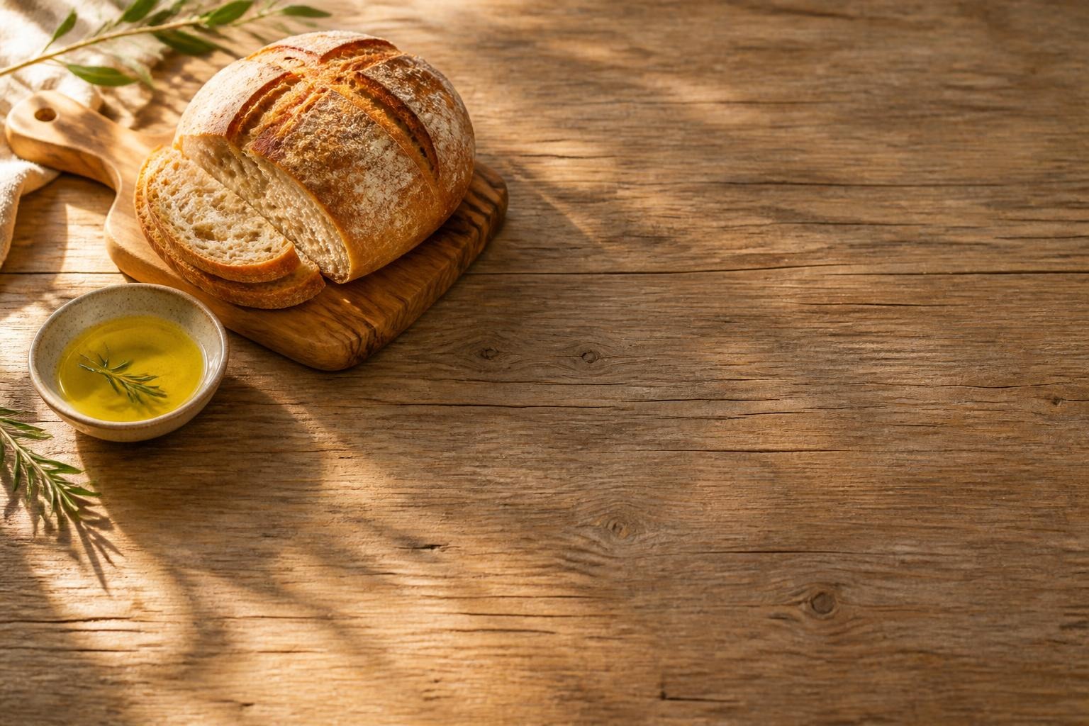 Rustic bread loaf on wooden board with bowl of olive oil and rosemary on wooden table