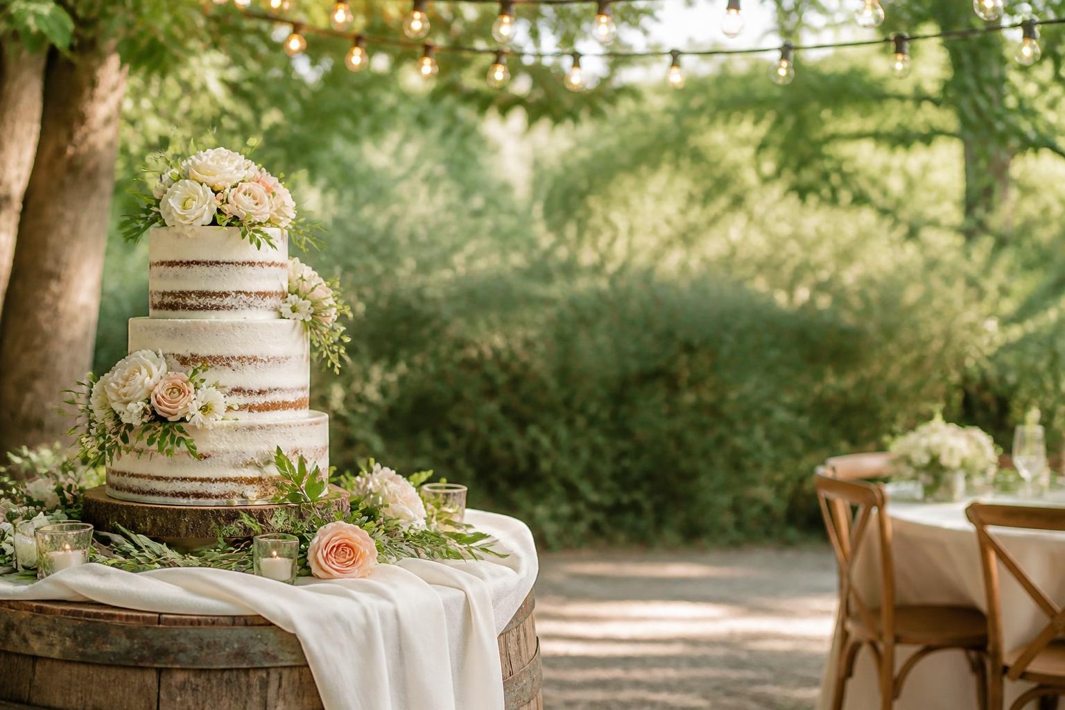 Three-tiered wedding cake with floral decorations on wooden barrel outdoors under string lights