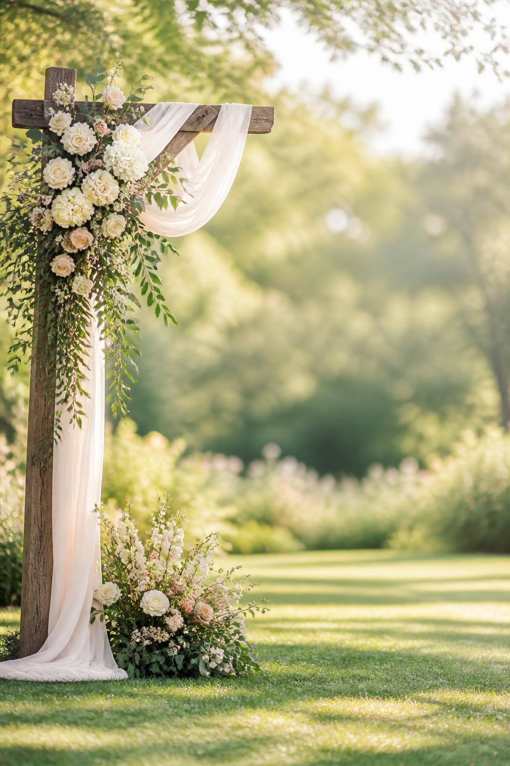 Wooden wedding arch decorated with white fabric and cream flowers in sunlit garden
