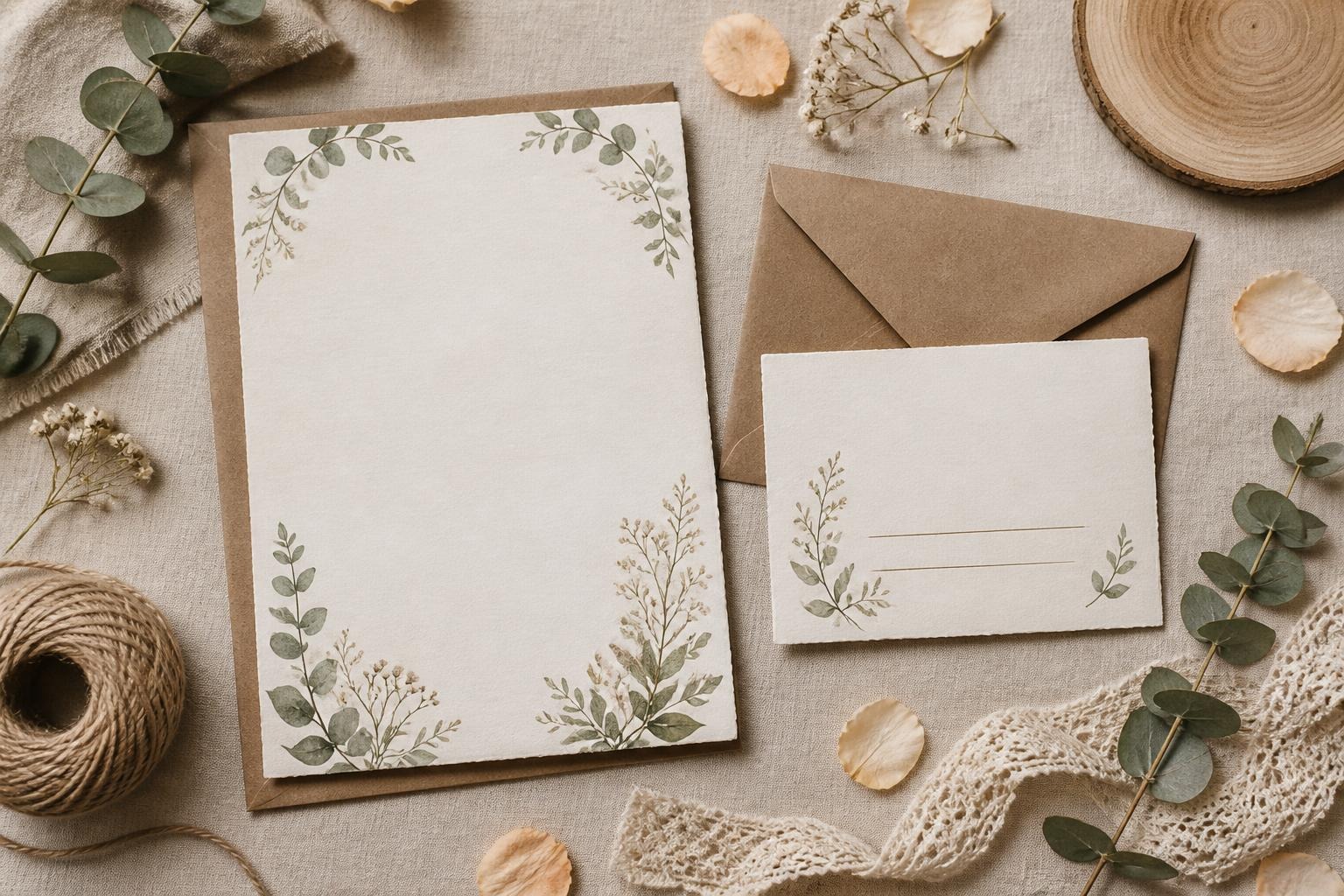 Wedding invitation and RSVP card with botanical green leaf design on beige linen background with natural decorations
