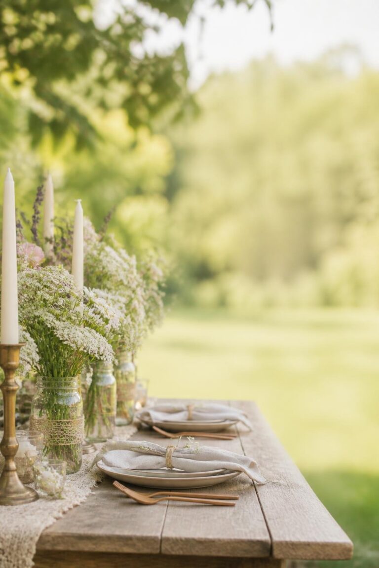 Rustic wooden table set outdoors with white plates, linen napkins, wooden cutlery, mason jars of white flowers, and tall white candles
