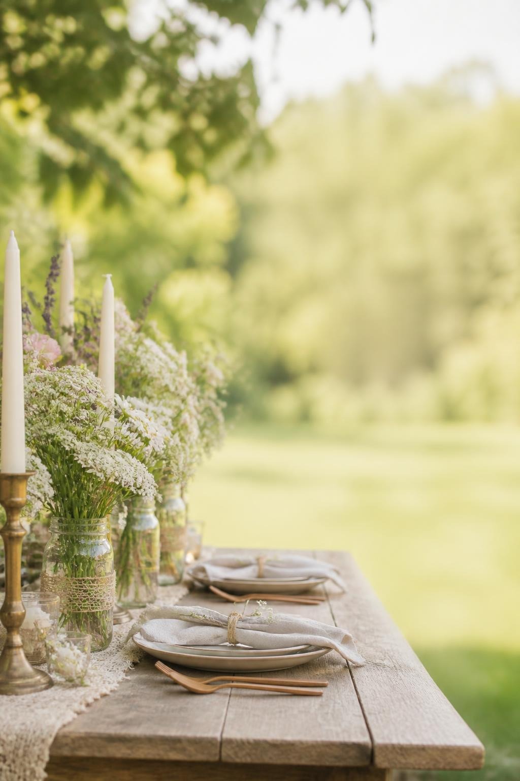 Rustic wooden table set outdoors with white plates, linen napkins, wooden cutlery, mason jars of white flowers, and tall white candles