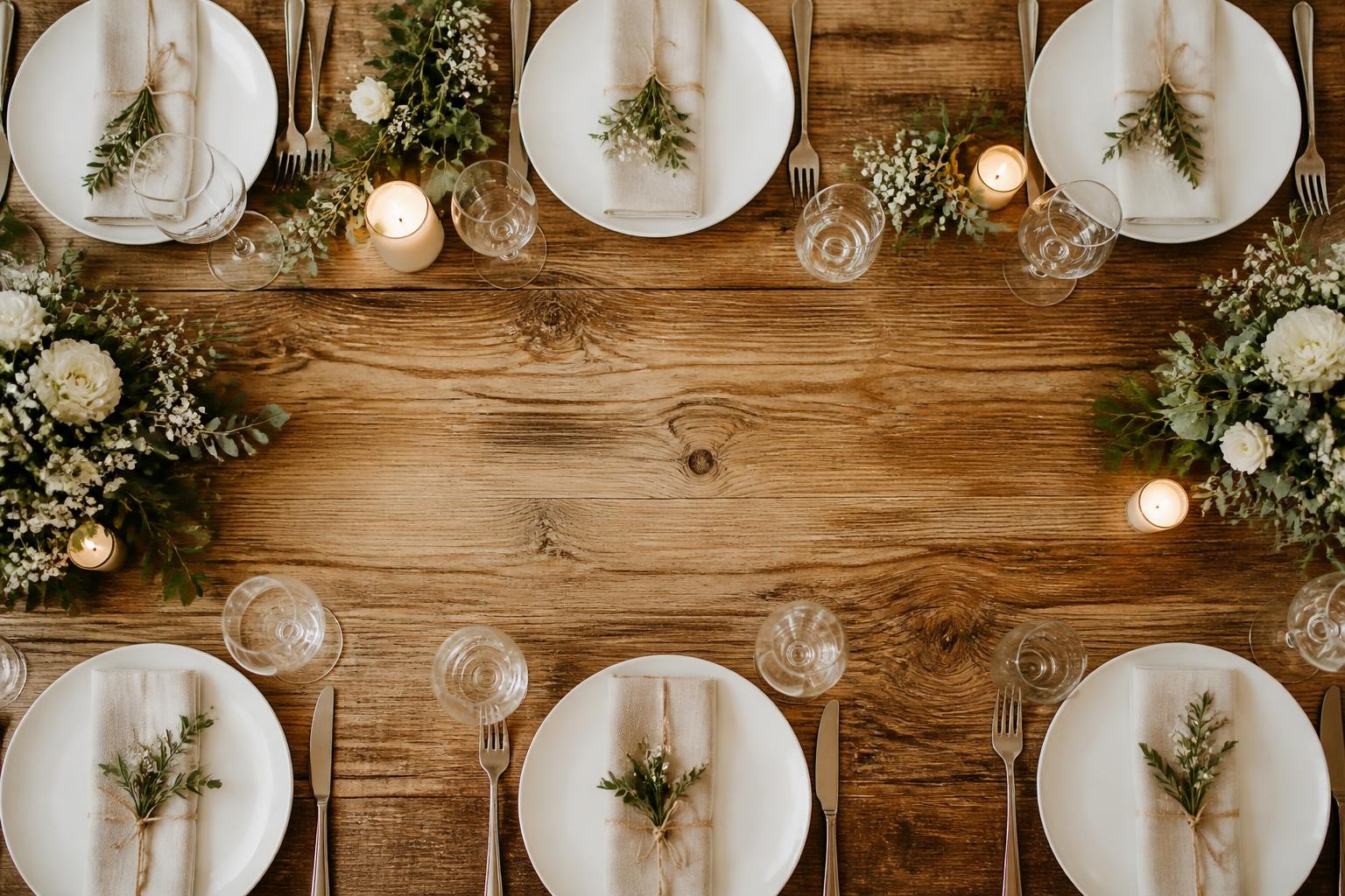 Top-down rustic wedding table setting with white plates, cloth napkins, greenery, candles, and glassware on a wooden table.