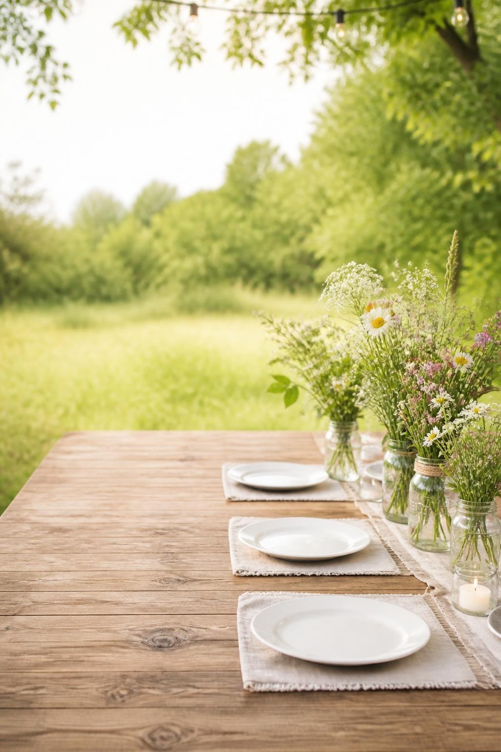 Wooden table set with white plates and jars of wildflowers outside in a green meadow.