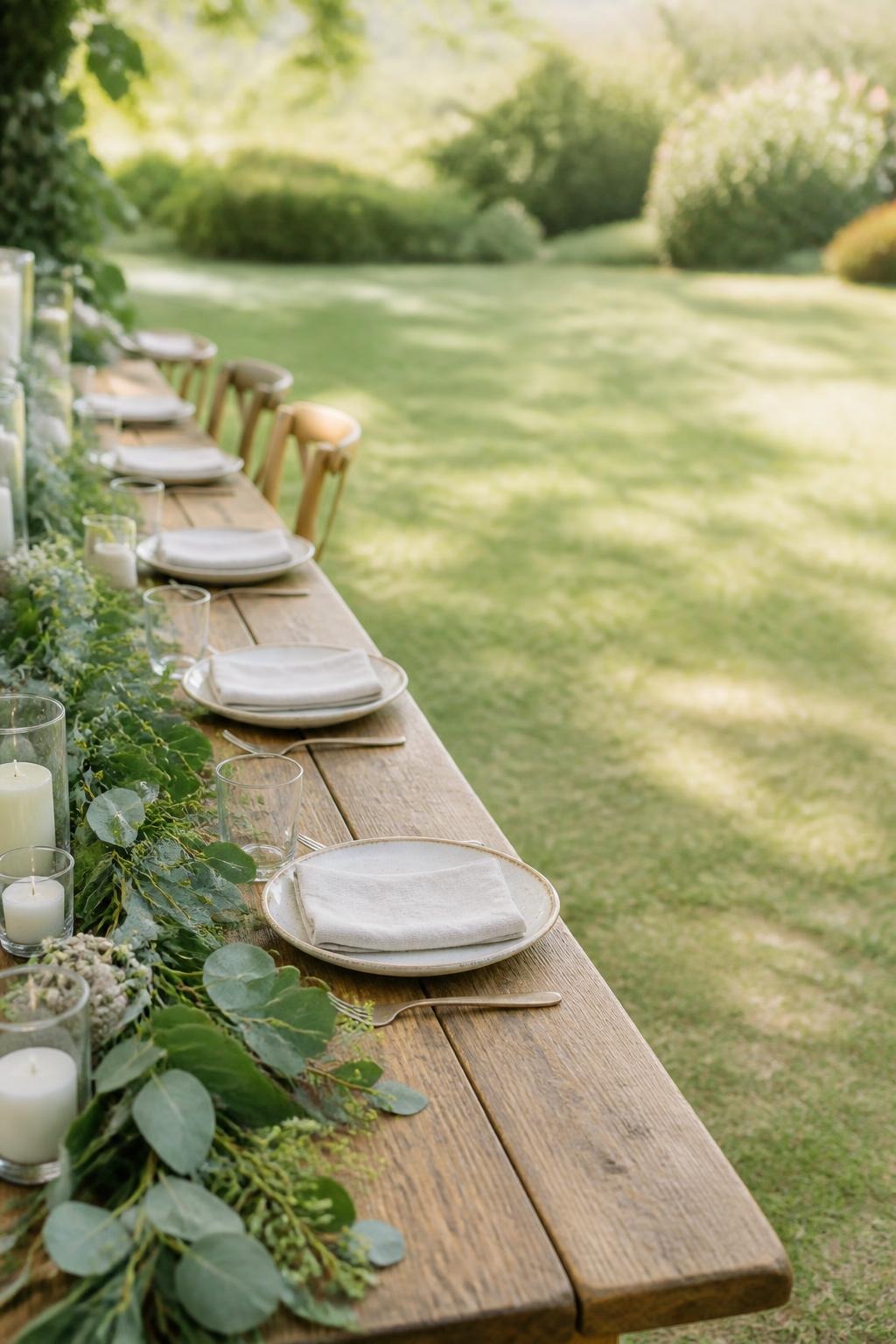 Wooden table set outdoors with white plates, napkins, glasses, greenery, and candles in glass holders