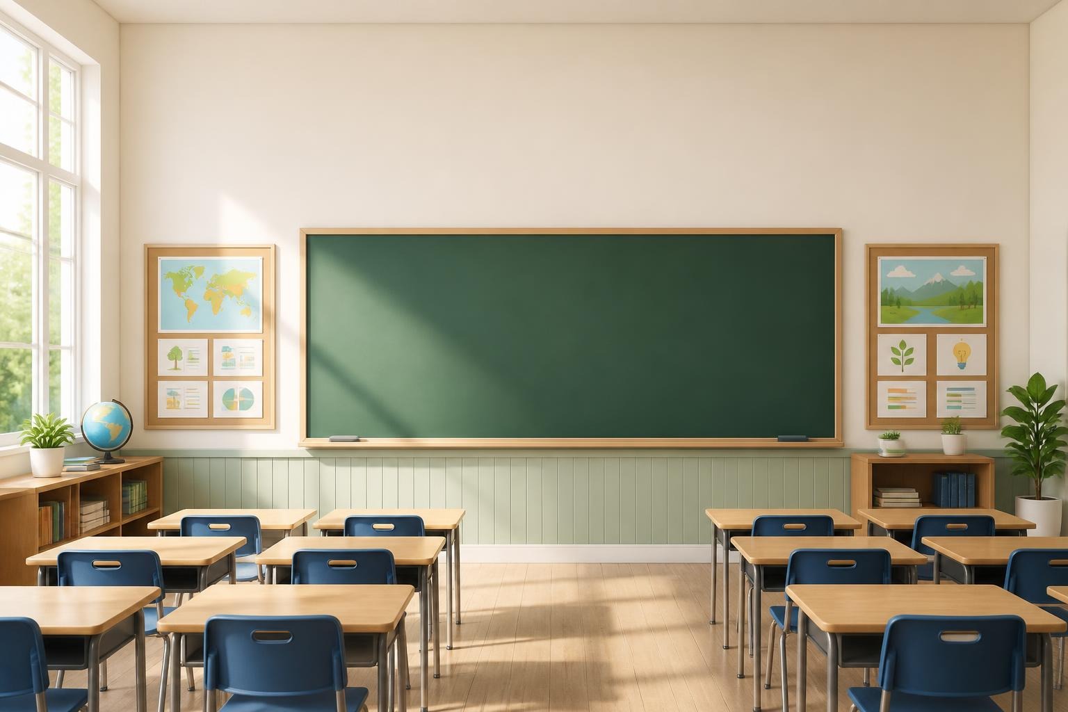 Empty classroom with green chalkboard, wooden desks, blue chairs, educational posters and plants