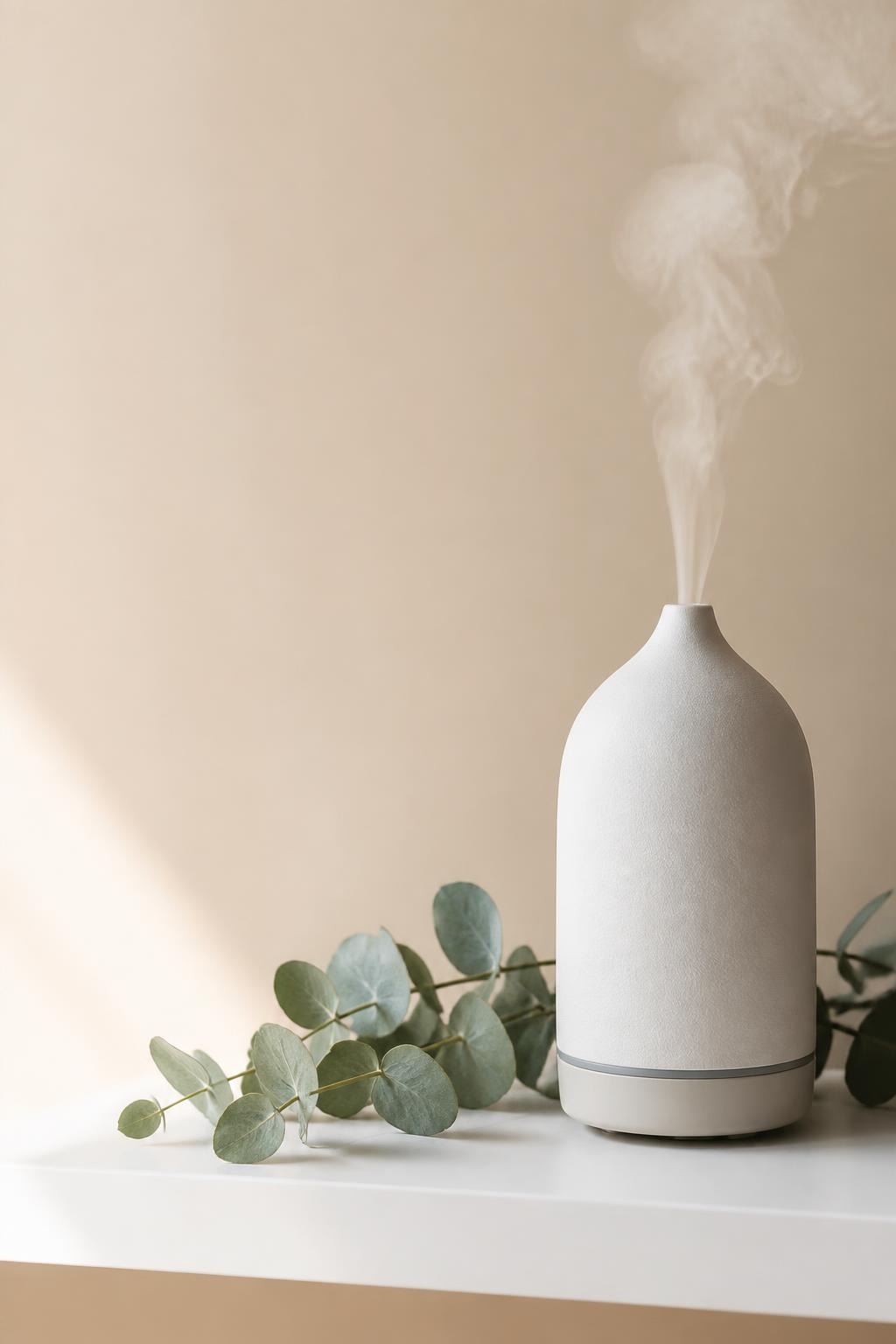 White essential oil diffuser releasing vapor with eucalyptus leaves and beige background