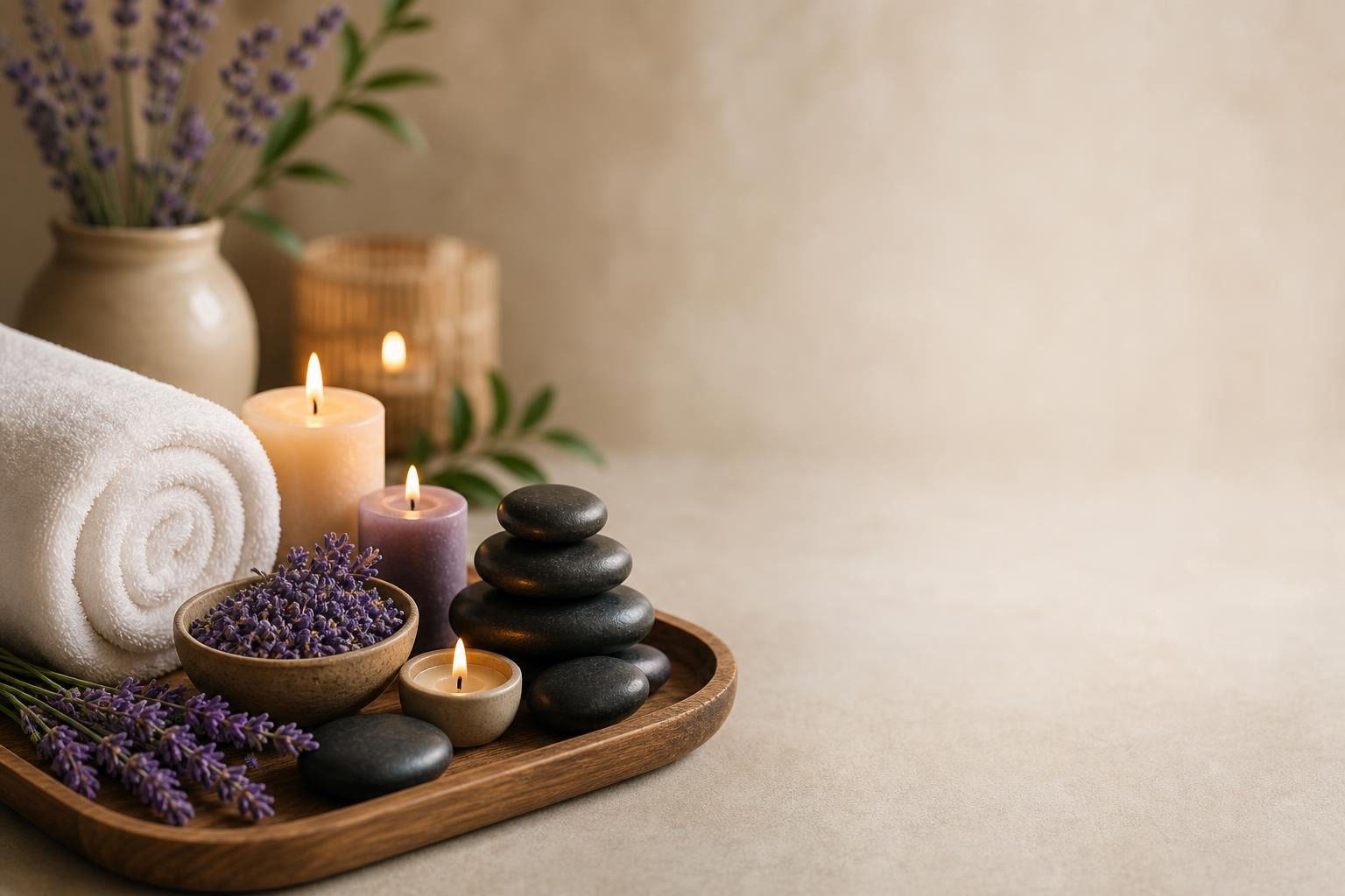 Spa tray with rolled white towel, black stones, lavender flowers, and lit candles on beige background