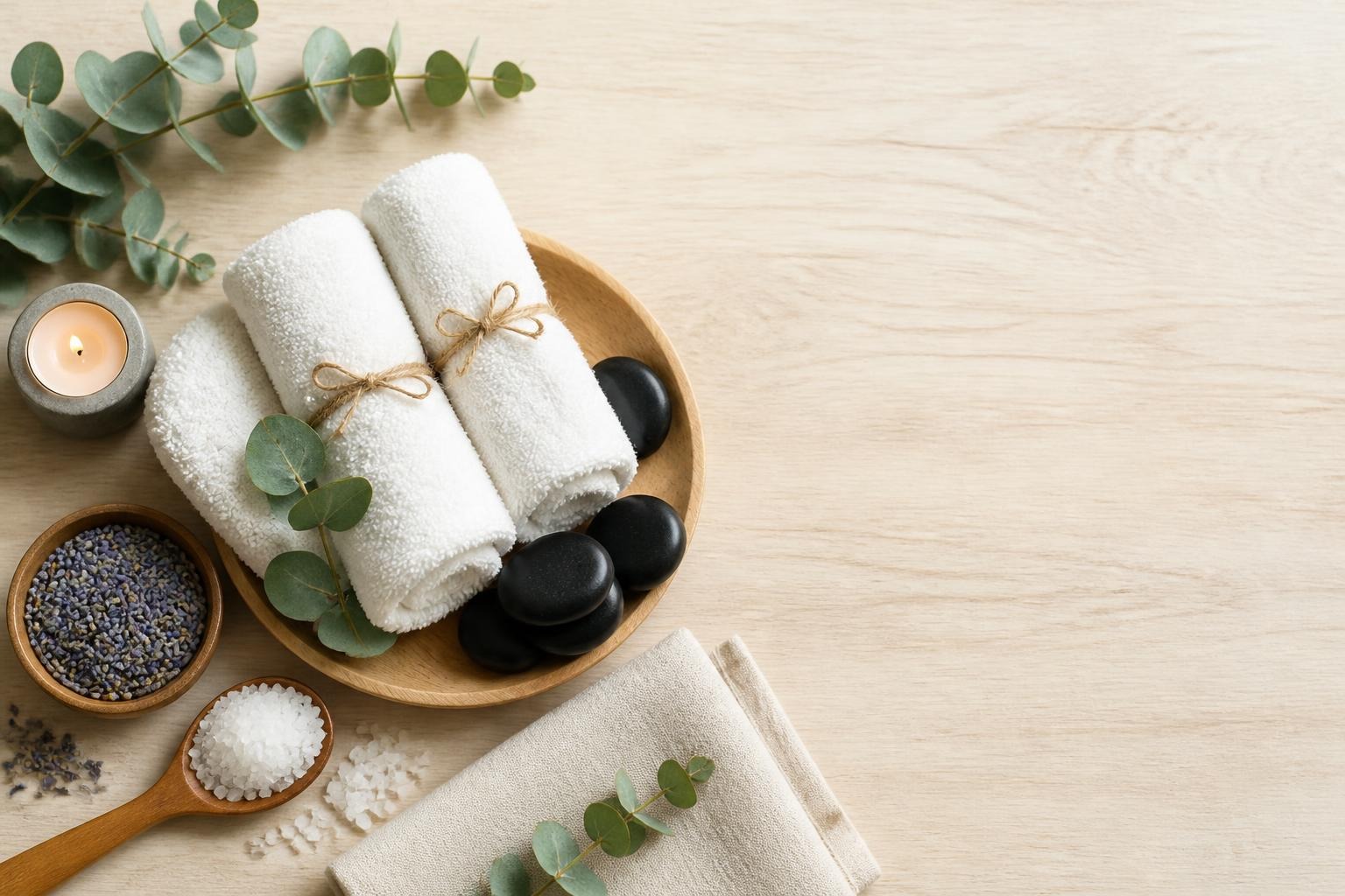 Rolled white towels tied with twine, black stones, eucalyptus leaves, candle, lavender, and salt on wood
