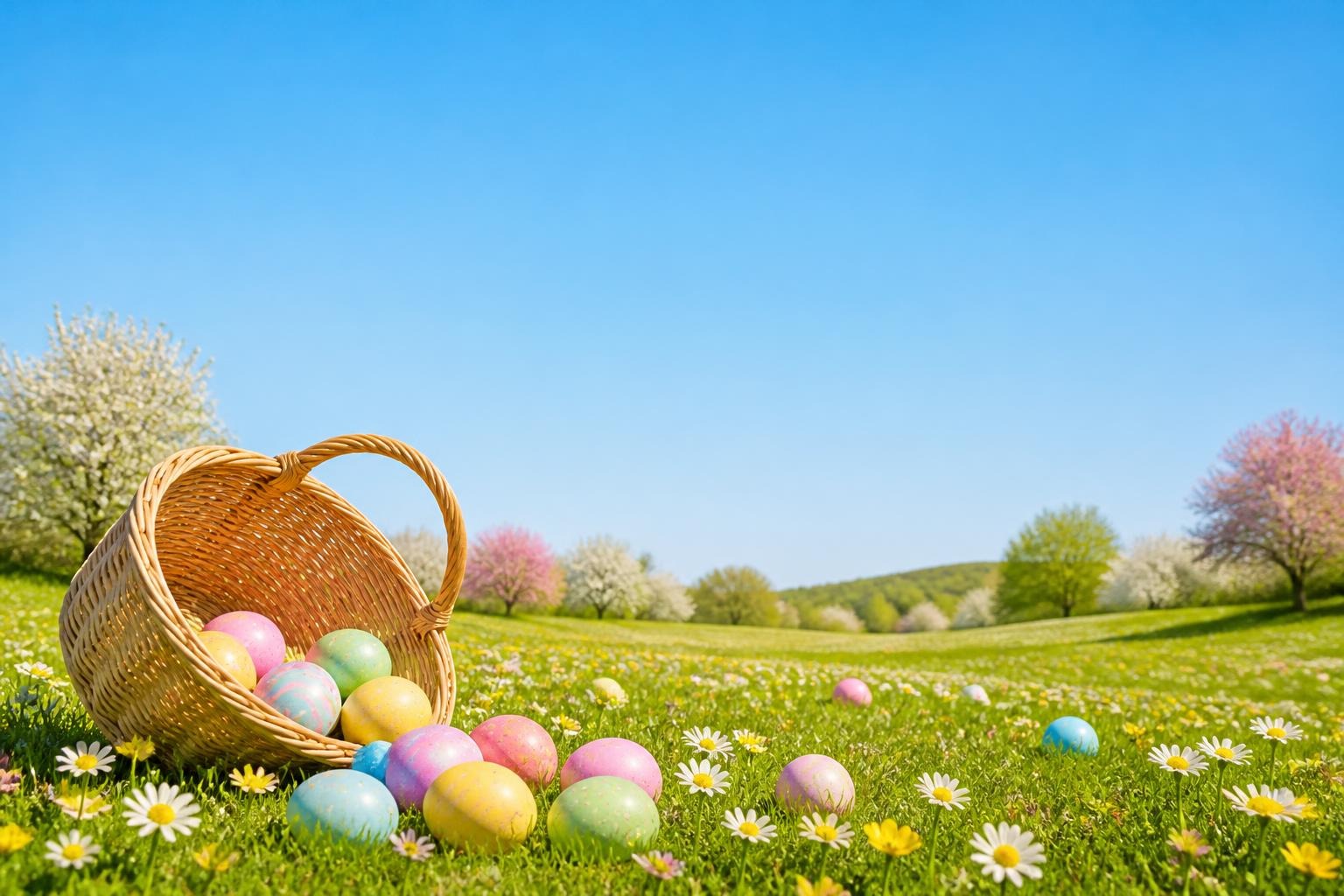 Wicker basket tipped over with colorful Easter eggs on grassy meadow with daisies and blossoming trees under blue sky