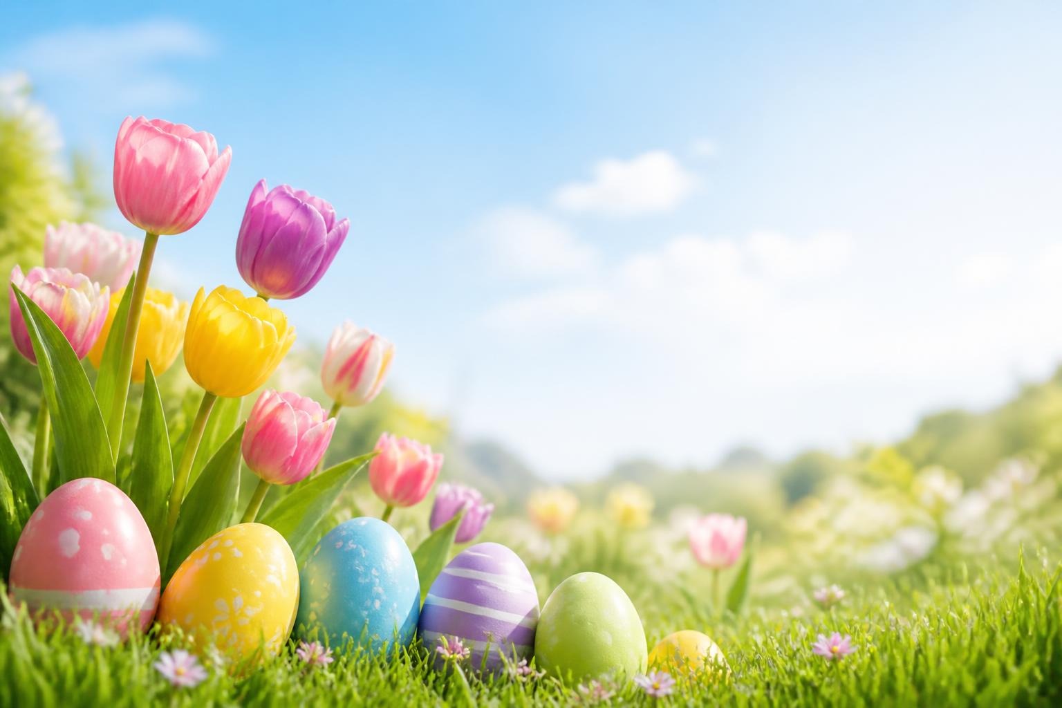 Colorful Easter eggs lined up in grass next to blooming pink, purple, and yellow tulips under a blue sky