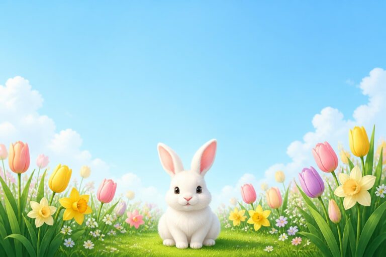 White rabbit sitting on grass surrounded by tulips, daffodils, and flowers under a blue sky with clouds.