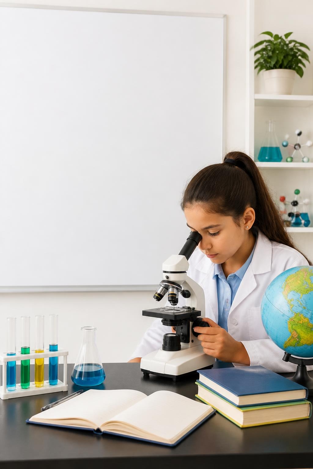Girl in lab coat looking into a microscope with science test tubes, globe, and books on desk