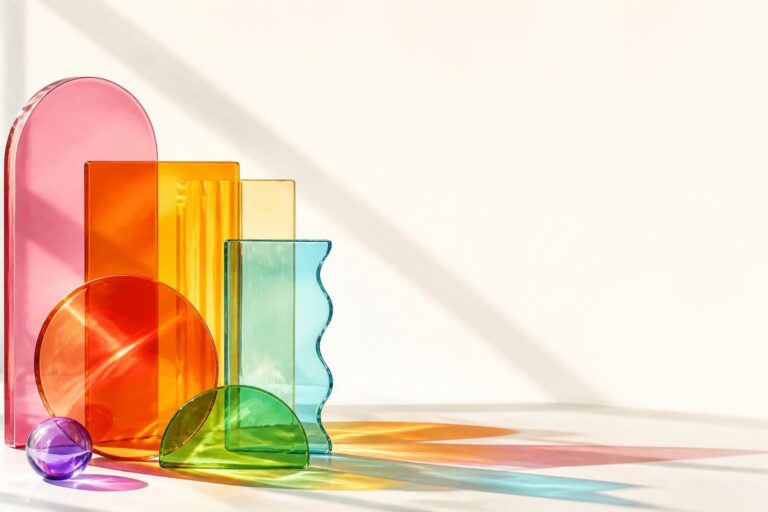 Colorful translucent geometric glass shapes casting colorful shadows on a white surface.