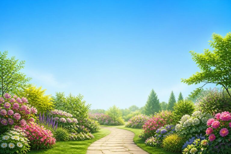 Curved stone path winds through a vibrant garden with colorful flowers and green bushes under a clear blue sky.