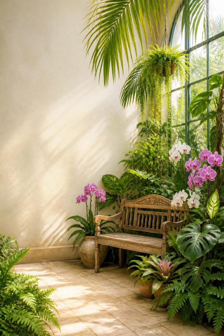 Wooden bench surrounded by lush green plants and orchids next to a large sunlit window