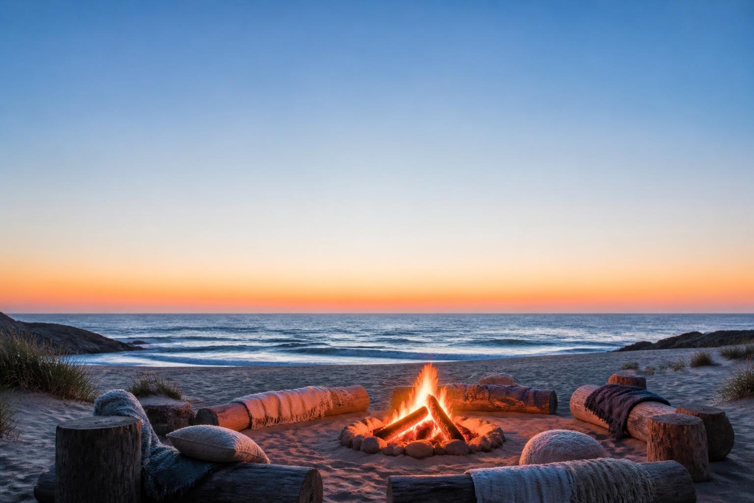 A glowing campfire on a sandy beach at sunset with logs and blankets arranged around it.