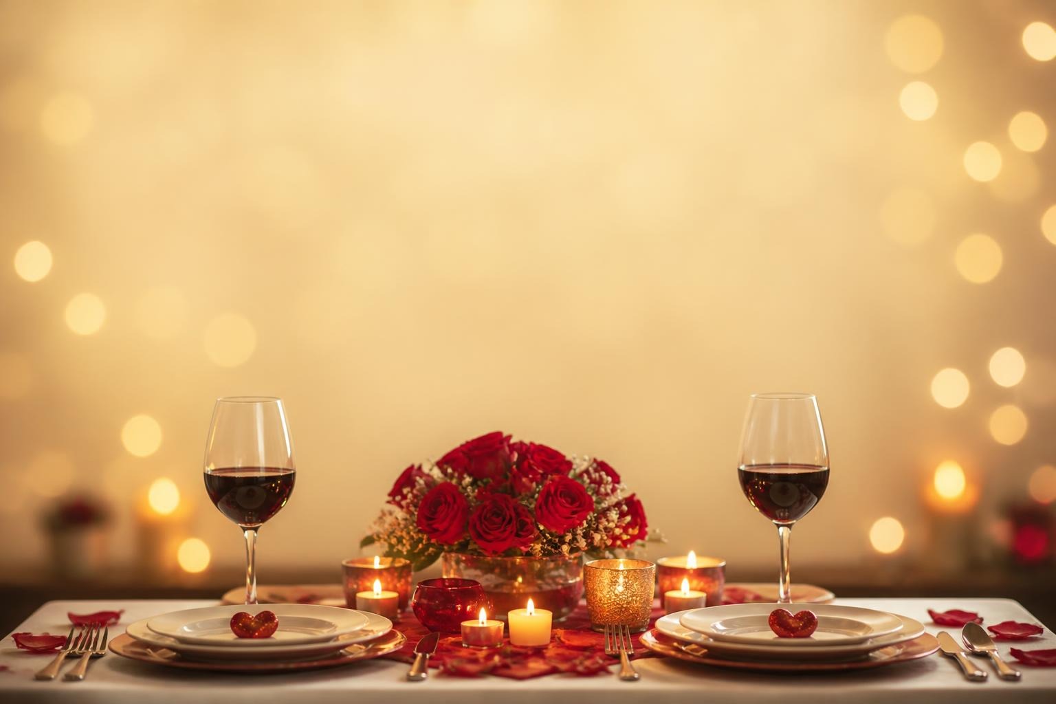 Table set for two with red roses, candles, wine glasses and rose petals in soft warm lighting