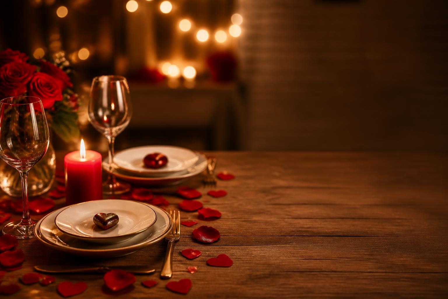 Valentine’s Day dinner table with plates, red heart chocolates, rose petals, candle, and roses under warm lighting.