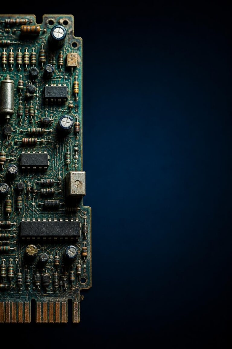 Close-up view of vintage electronic circuit board with components on blue background