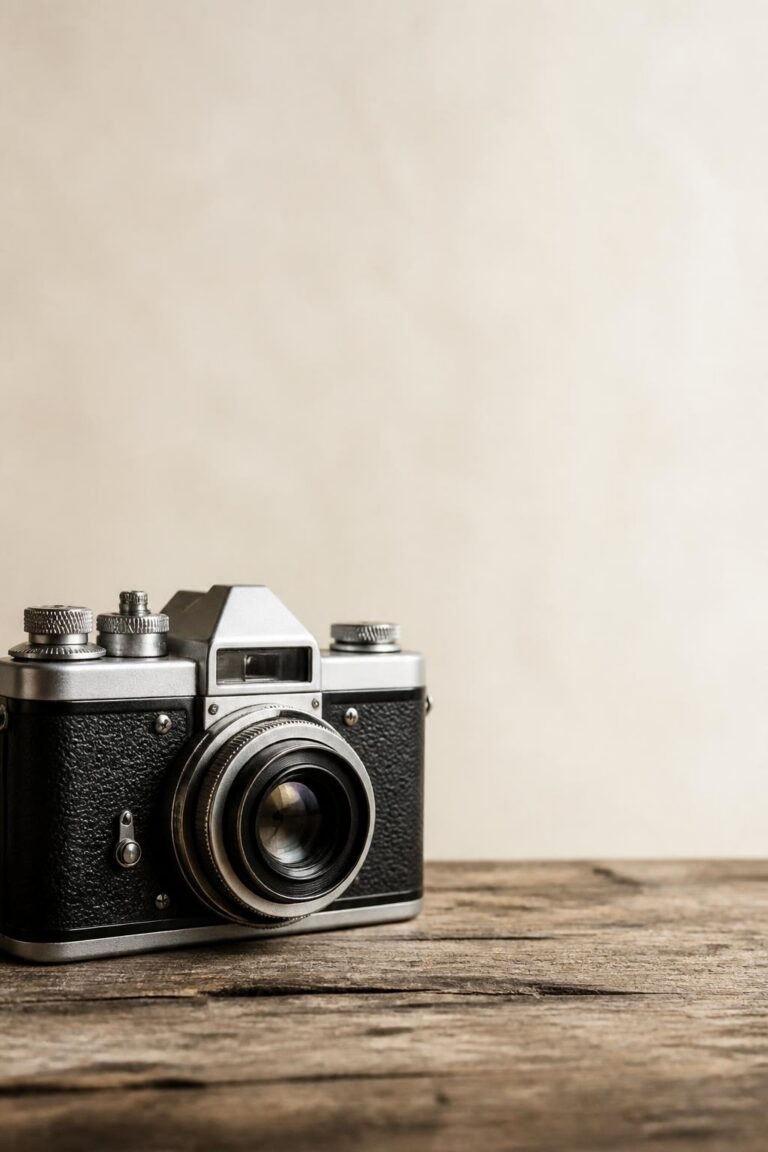 Vintage film camera on wooden table with beige background