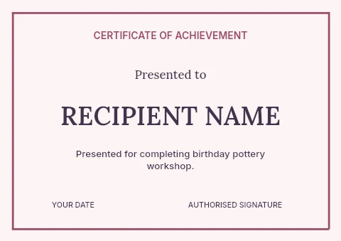 Birthday pottery workshop certificate template