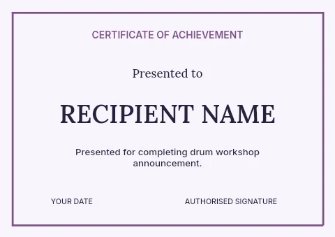 Drum workshop announcement certificate template