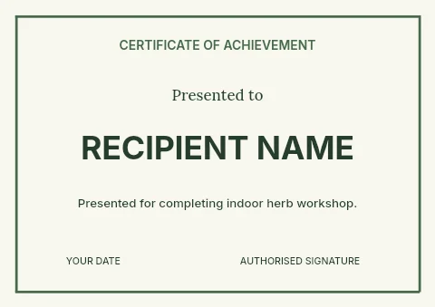 Indoor herb workshop certificate template