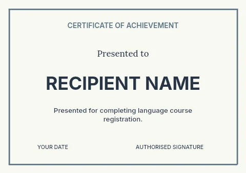 Language course registration certificate template
