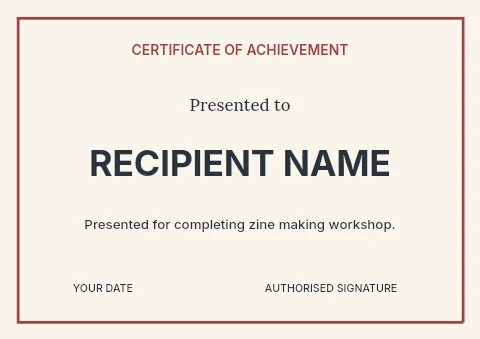 Zine making workshop certificate template