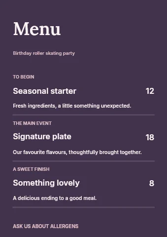 Birthday roller skating party menu template