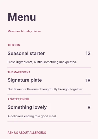 Milestone birthday dinner menu template