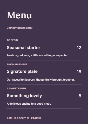 Birthday garden party menu template
