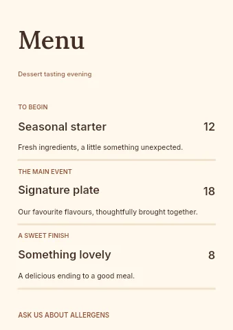 Dessert tasting evening menu template