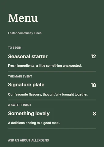 Easter community lunch menu template