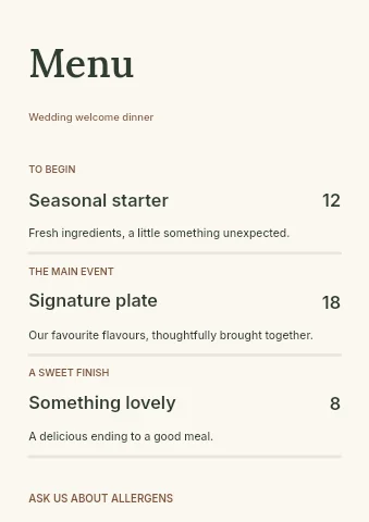 Wedding welcome dinner menu template