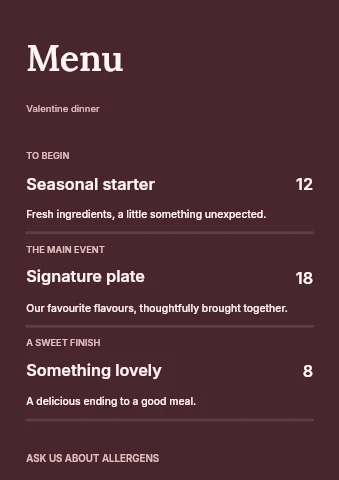 Valentine dinner menu template