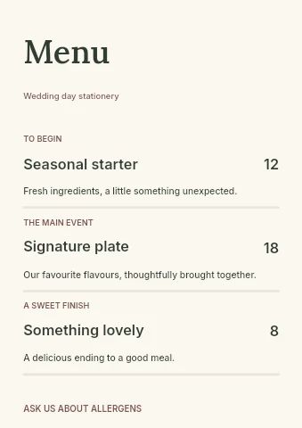 Wedding day stationery menu template