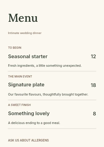 Intimate wedding dinner menu template