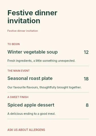 Festive dinner invitation menu template