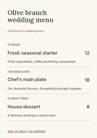 Olive branch wedding menu template