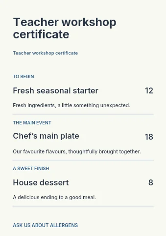 Teacher workshop certificate menu template