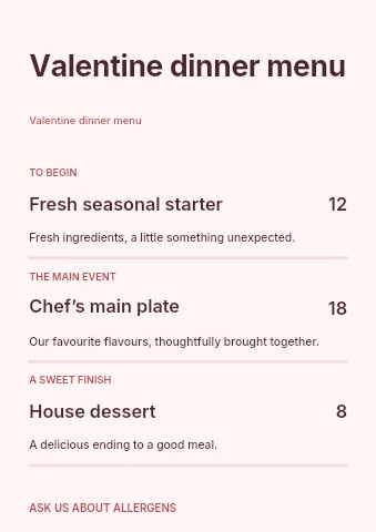Valentine dinner menu template