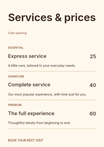 Cafe opening price list template