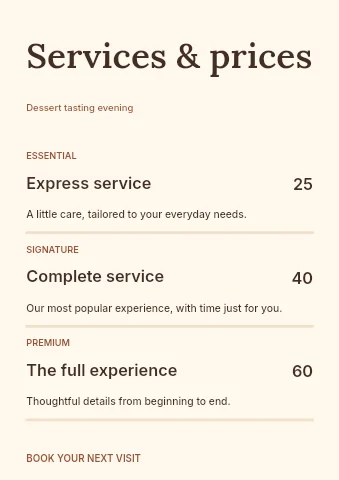 Dessert tasting evening price list template