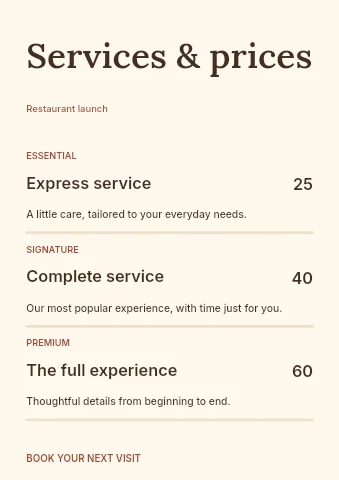 Restaurant launch price list template
