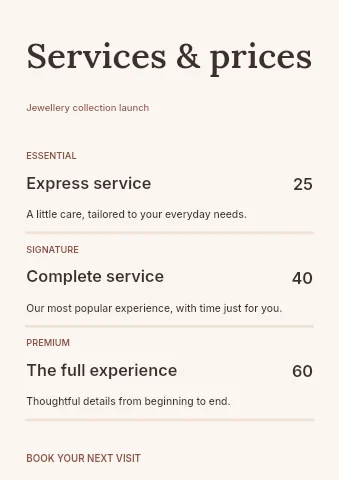 Jewellery collection launch price list template