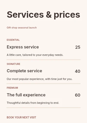 Gift shop seasonal launch price list template