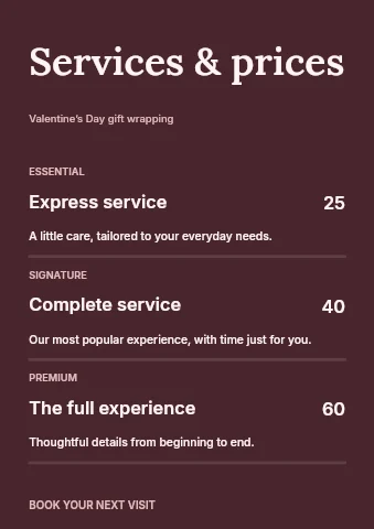 Valentine’s Day gift wrapping price list template