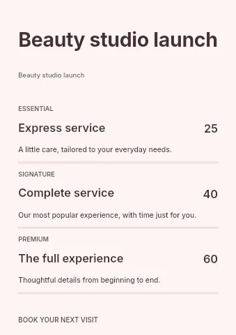 Beauty studio launch price list template